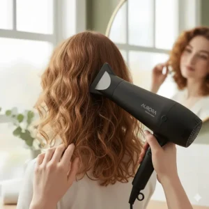 A person using a hair dryer diffuser attachment at the roots of their hair to create lift and natural volume while drying.