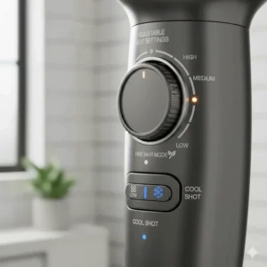 Close-up of hair dryer controls highlighting the Fine Hair Mode and low heat settings to prevent heat damage on delicate strands.