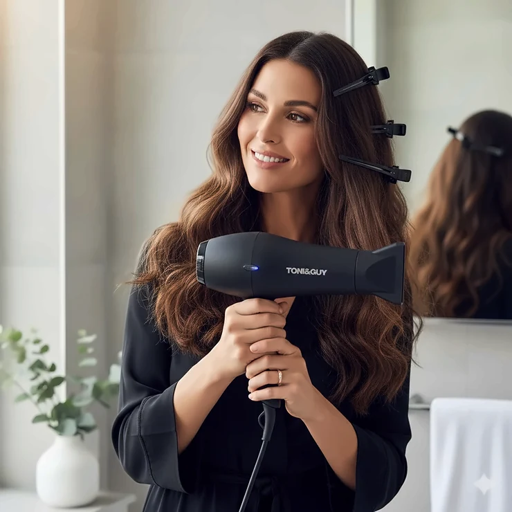 A woman with long, thick wavy hair using a powerful ionic hairdryer with a concentrator nozzle to dry her hair at home. hair dryer for thick hair