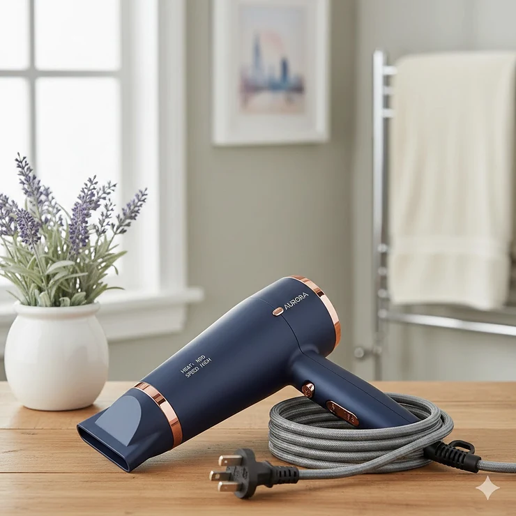 A high-quality professional hair dryer under £100 with a concentrator nozzle, displayed against a sleek background for a salon-at-home look. hair dryer under £100