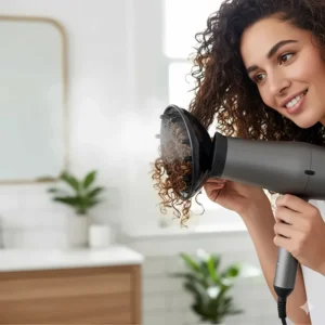 A hairdryer with a diffuser attachment being used to define natural curls and waves.