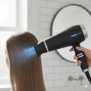 Close-up of an ionic hairdryer emitting negative ions for a smooth, frizz-free finish.