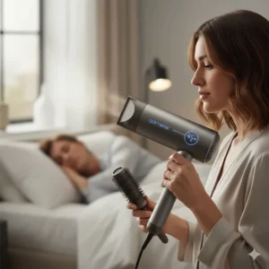 An innovative quiet hairdryer designed for low-noise styling in a busy household.