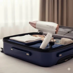 A compact, foldable travel hair dryer under £30 packed in a suitcase for a holiday.