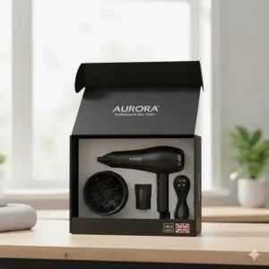 A retail-ready hair dryer and diffuser set in its packaging featuring the UKCA mark and British safety labelling.