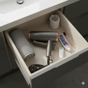A foldable hair dryer being stored inside a shallow bathroom drawer to show how it saves space in a typical UK home.