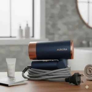 A compact, foldable hair dryer under £100 with a standard UK 3-pin plug, perfect for travel and easy storage.