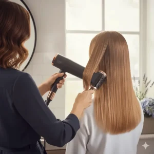 A stylist using a slim concentrator nozzle and a round brush to direct airflow for a smooth, salon-style blow-dry.
