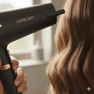 A finger pressing the cool shot button on a matte black hairdryer to set a style and add a natural shine.