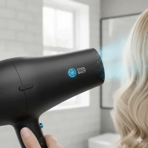 A close-up of the cool shot feature being used to blast cold air onto styled hair to lock in volume and boost natural shine.