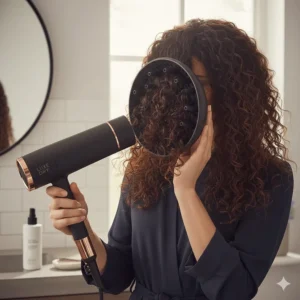Using a large diffuser attachment to gently dry curly, damaged hair without causing heat-induced breakage.
