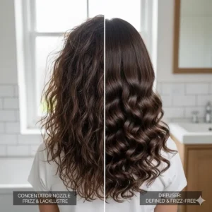 Comparison image showing the results of drying hair with a standard concentrator nozzle versus a hair dryer with a diffuser for defined curls.