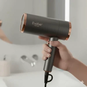 A person holding a foldable hair dryer to demonstrate the comfortable ergonomic grip and lightweight frame for easy styling.