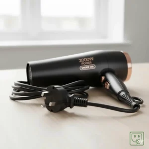 A 2000W powerful but cheap hair dryer showing the British standard power cable.