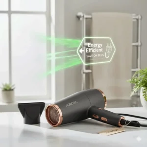 A graphic showing an eco-friendly hair dryer under £50 to help save on UK electricity bills.