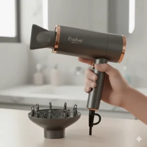 A foldable hair dryer shown with its concentrator nozzle attached and a diffuser accessory nearby on a modern vanity unit.