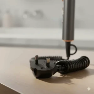 Detailed view of a foldable hair dryer's power cable featuring a standard British 3-pin plug and safety housing.