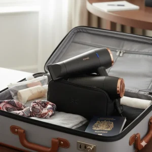 A compact, foldable ionic hair dryer tucked into a suitcase for travel.