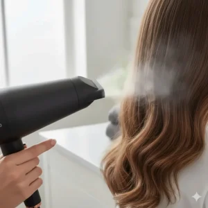 A person pressing the cool shot button on a hairdryer to set a hairstyle.