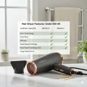 A chart comparing different hair dryer features found in models priced under £50.