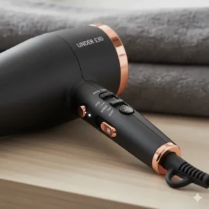 Close-up of variable heat and speed settings on a budget-friendly hairdryer.