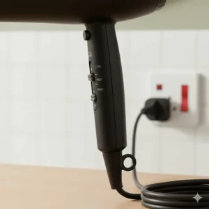 Detailed shot of the variable heat and speed control switches on a hair dryer handle next to a standard UK three-pin plug.