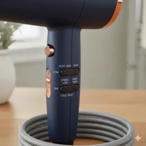 Close-up of a hairdryer under £100 showing various heat and speed settings for different British hair types.