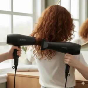 Demonstration of how a hair dryer with a diffuser maintains the natural texture and shape of wavy hair without creating frizz.