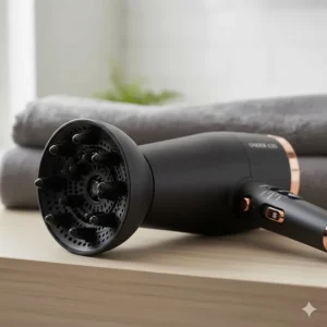A black hair dryer with a large diffuser attachment, ideal for curly hair on a budget.