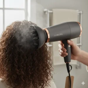 Close-up of a budget-friendly hair dryer with a diffuser attachment for curly hair styling.