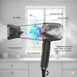 Diagram showing how negative ions break down water droplets for faster drying and reduced frizz.