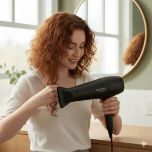 A woman with curly red hair using a hair dryer with a diffuser to scrunch her curls for a frizz-free, natural finish.