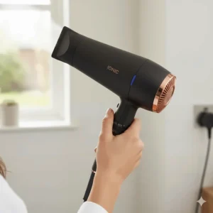 Finger pressing the cool shot button on a hair dryer handle to set a hairstyle in place.