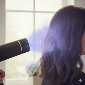 Close-up of an ionic hair dryer emitting negative ions to reduce frizz and static on damaged hair.