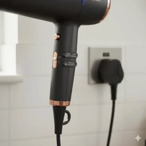 Close-up of British 3-pin plug and variable heat and speed settings on an ionic hair dryer.