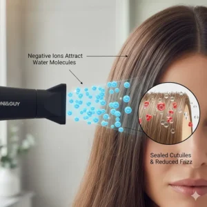 Diagram showing how negative ions from a hairdryer break down water molecules to reduce frizz on thick hair.