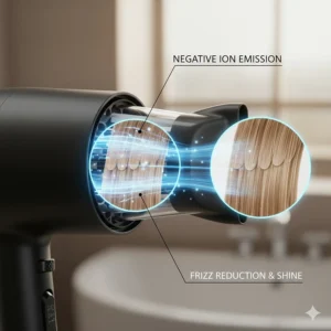 A technical diagram showing negative ion emission smoothing the hair cuticle for a high-shine, frizz-free finish on fine hair.