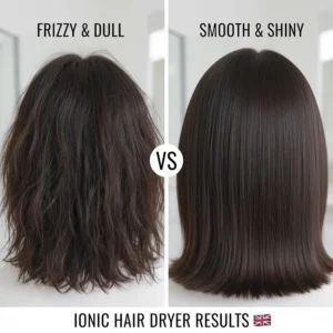 Split screen comparison showing frizzy hair versus smooth, shiny hair after using an ionic hair dryer.