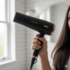 A person comfortably holding a lightweight, ergonomic hair dryer, highlighting ease of use for longer styling sessions.