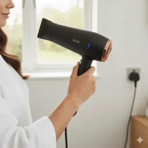 An ergonomic, lightweight ionic hair dryer being held easily, highlighting comfort during use.