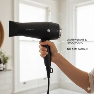 A person holding a lightweight, ergonomic hair dryer, demonstrating a comfortable grip designed to prevent arm fatigue during styling.