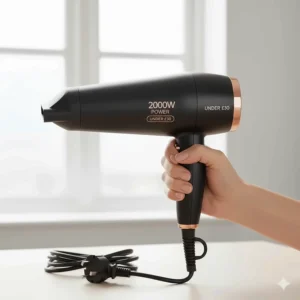 A lightweight hair dryer being held easily, highlighting ergonomic design for home styling.