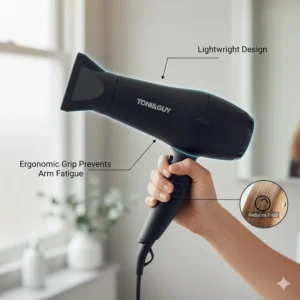Illustration highlighting a lightweight, ergonomic hairdryer handle designed to prevent arm fatigue during long drying sessions.