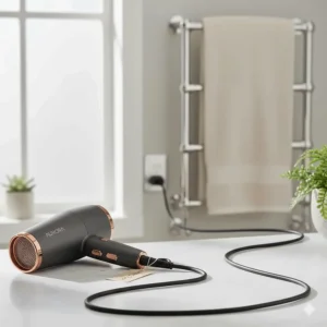 Illustration of a hair dryer with a salon-length cable for easy reach around the bedroom or bathroom.