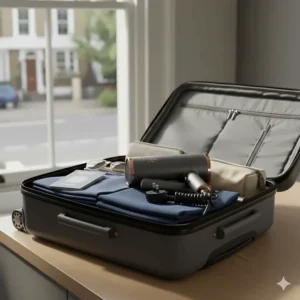 A foldable hair dryer placed neatly inside an open suitcase next to a British passport and travel accessories for a holiday.