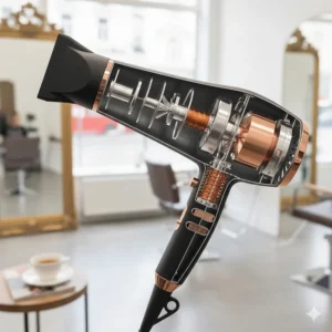 An illustrative cutaway or graphic showing the powerful long-life AC motor inside a professional hair dryer.