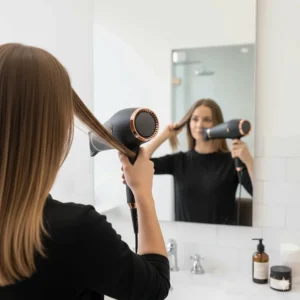 A woman using a professional hair dryer at home to achieve a salon-quality finish in front of a bathroom mirror.