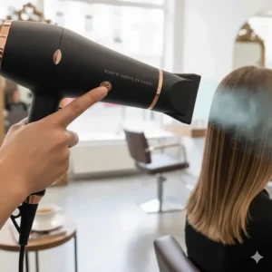 A finger pressing the cool shot button on a hair dryer to set a hairstyle in place with a blast of cold air.