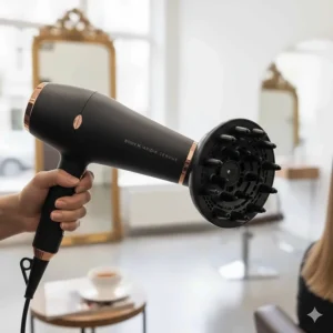 A large diffuser attachment being fitted to a professional hair dryer for styling natural curls and waves.