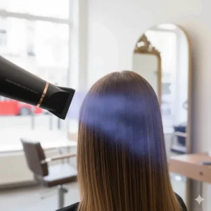 Close-up of a professional hair dryer emitting negative ions to create a smooth, frizz-free finish on thick hair.